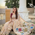 Beige Linen Silk Saree with Floral Print Woven Border