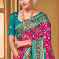 Beautiful Pink and Teal Patola Silk Traditional Print Saree