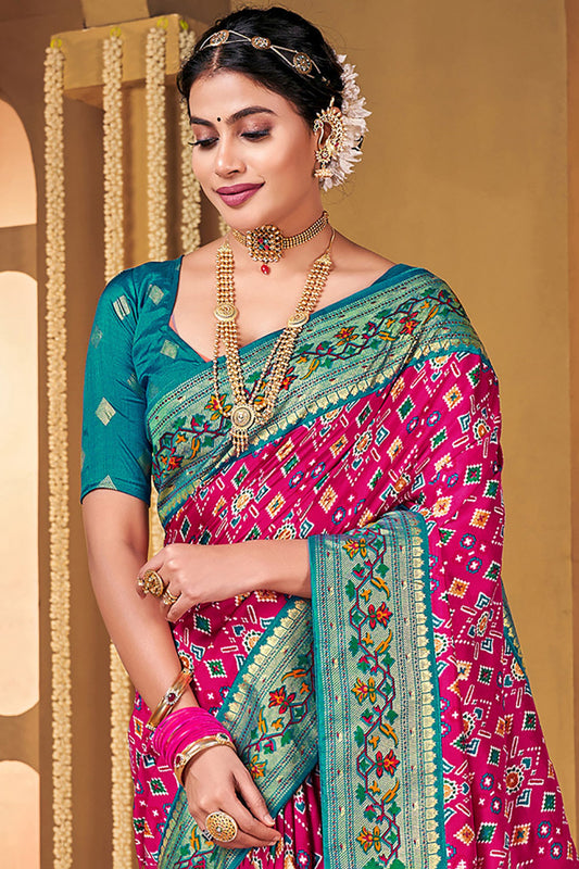 Beautiful Pink and Teal Patola Silk Traditional Print Saree
