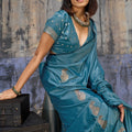 Premium Teal Blue Banarasi Silk Saree Zari Woven Border Designer Blouse