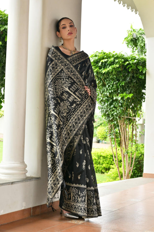 Black Cotton Silk Saree Traditional Woven Design and Rich Border