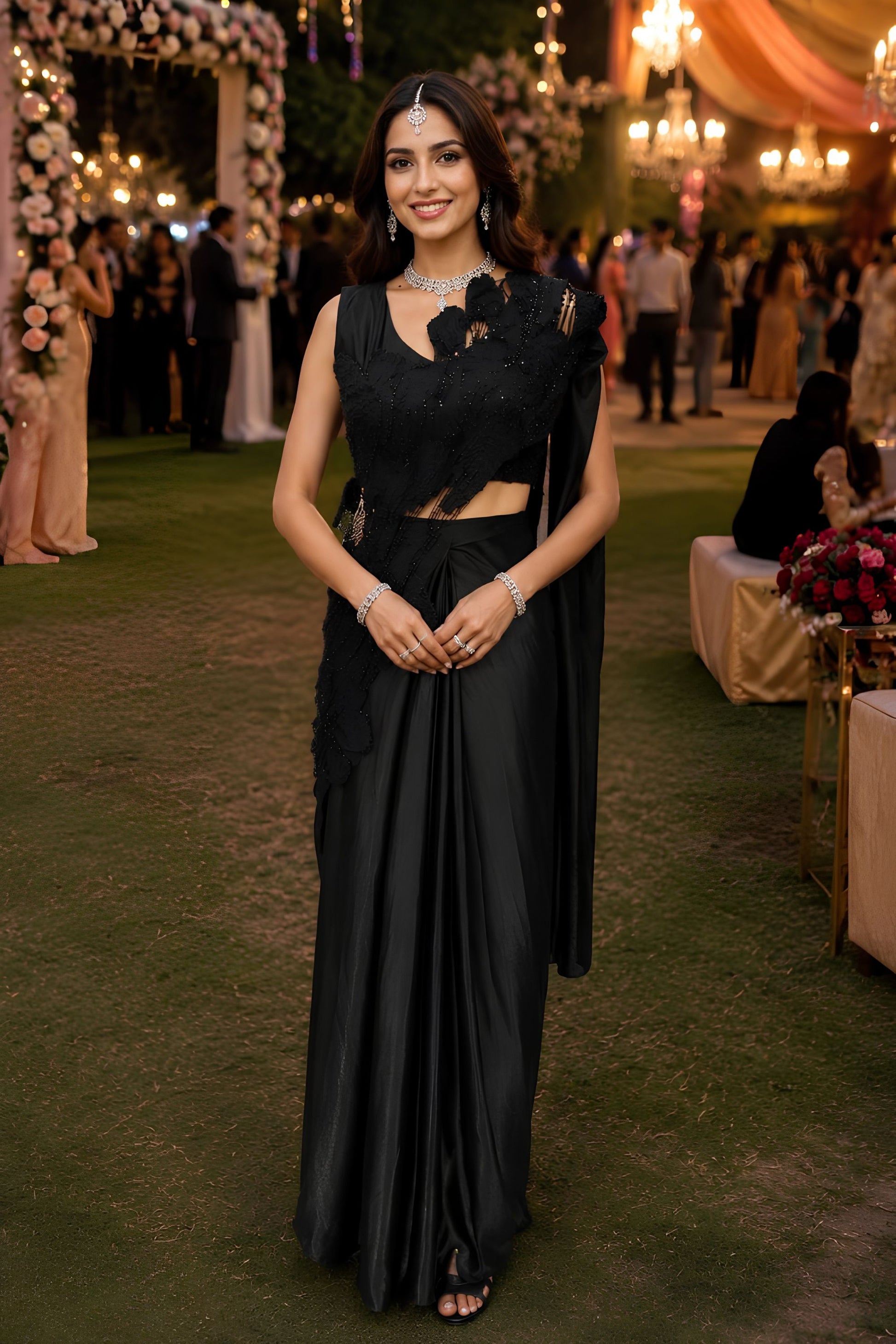 Luxury Black Ready-to-Wear Saree Floral Sequin Embellished Designer Blouse