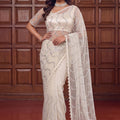 Off White Sequins Embroidered Net Saree with Designer Blouse