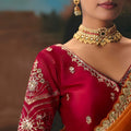 Orange Designer Saree with Zari Embroidery Contrast Red Blouse