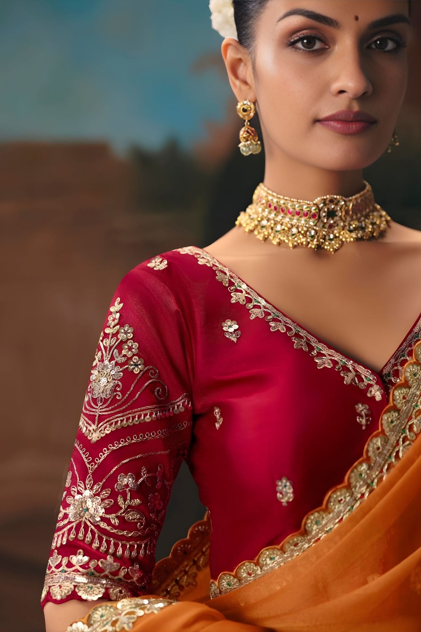 Orange Designer Saree with Zari Embroidery Contrast Red Blouse