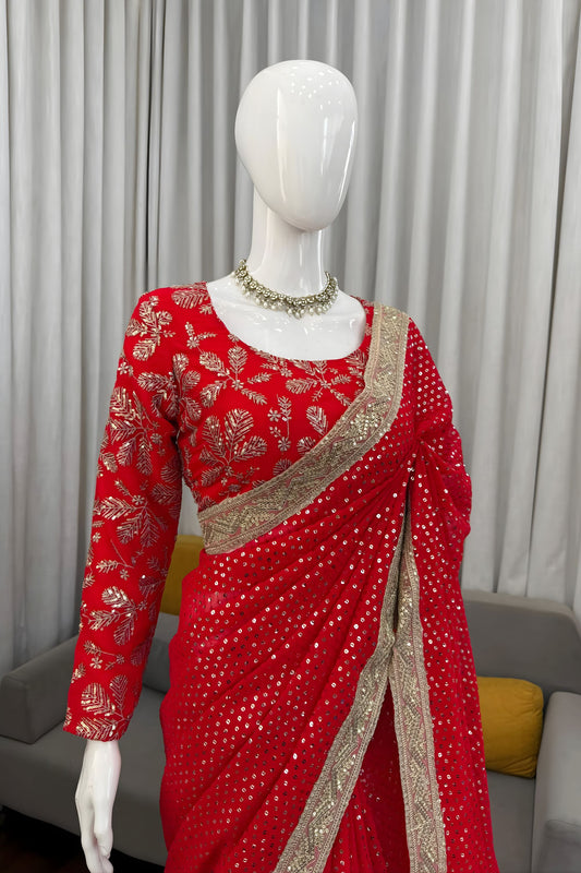 Red Georgette Saree with Gold Sequin Embroidered Blouse