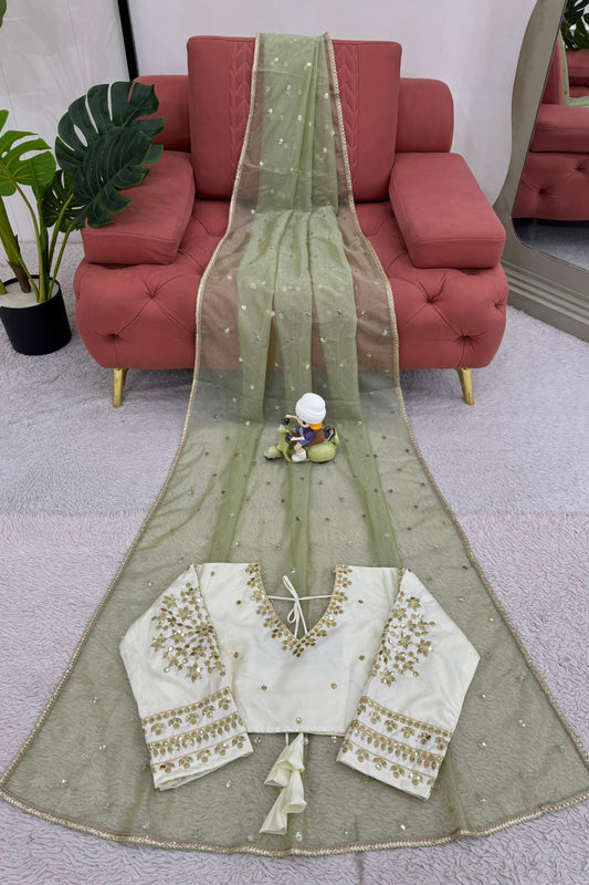 Olive Green Organza Silk Saree Sequin Embroidered Designer Blouse