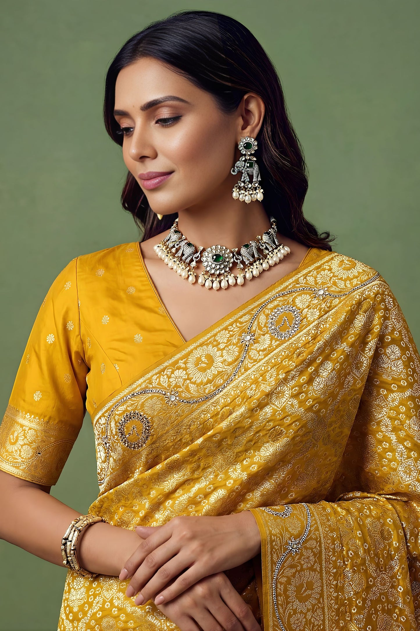 Royal Mustard Yellow Heavy Embroidered Banarasi Silk Saree
