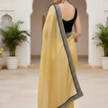 Mustard Yellow Organza Saree Designer Black Border Sleeveless Blouse