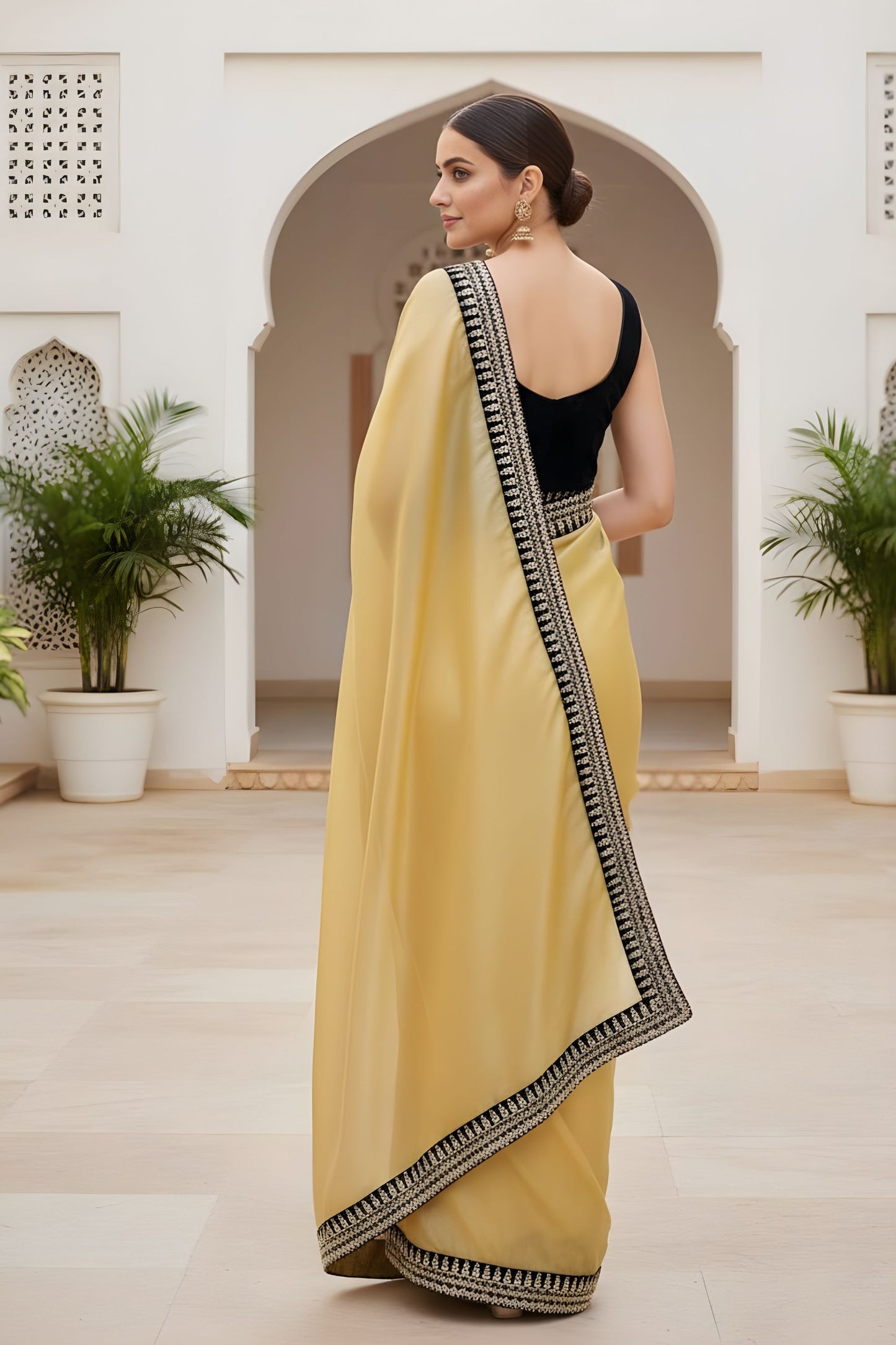 Mustard Yellow Organza Saree Designer Black Border Sleeveless Blouse