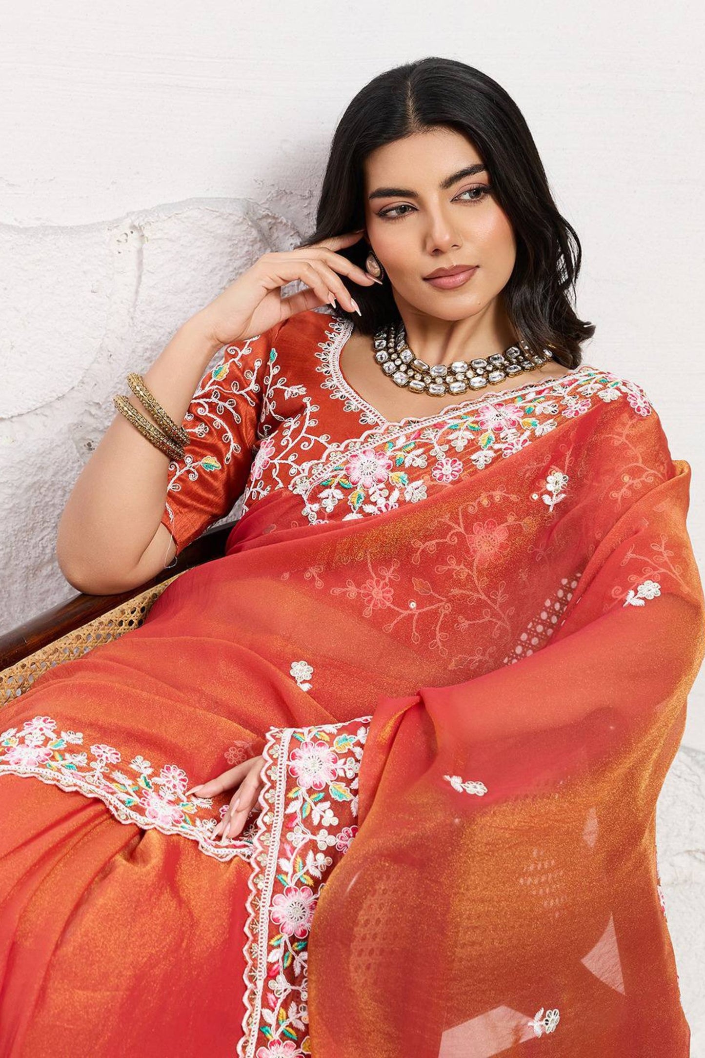 Orange Embroidered Georgette Saree with Matching Blouse Festive Wear
