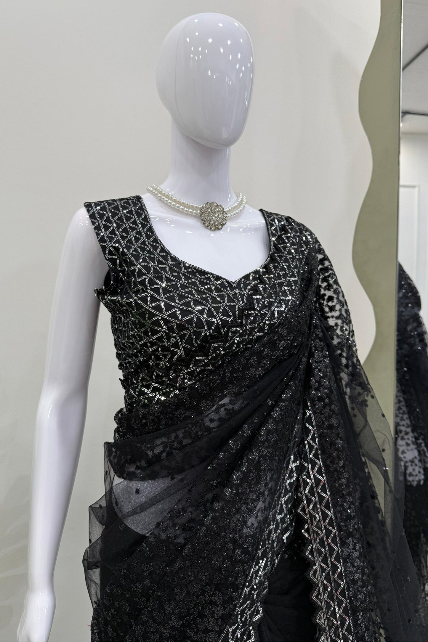 Black Net Saree with Heavy Sequin Embroidery Designer Blouse