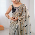 Silver Grey Tissue Silk Saree Black Embroidered Sequin Designer Blouse