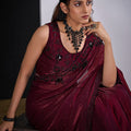 Wine Red Organza Silk Saree with Black Embroidered Blouse