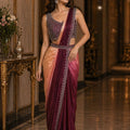 Wine Peach Ombre Designer Saree Heavy Stone Work Blouse Ready To Wear Saree