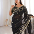 Luxury Black Organza Silk Saree Golden Thread Embroidery Designer Blouse