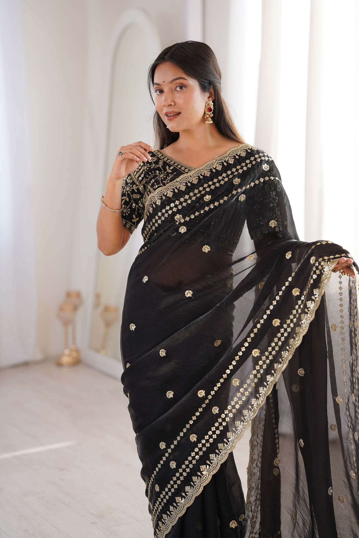 Luxury Black Organza Silk Saree Golden Thread Embroidery Designer Blouse