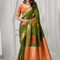 Green Kanjivaram Silk Saree Orange Zari Border Traditional Woven Design 