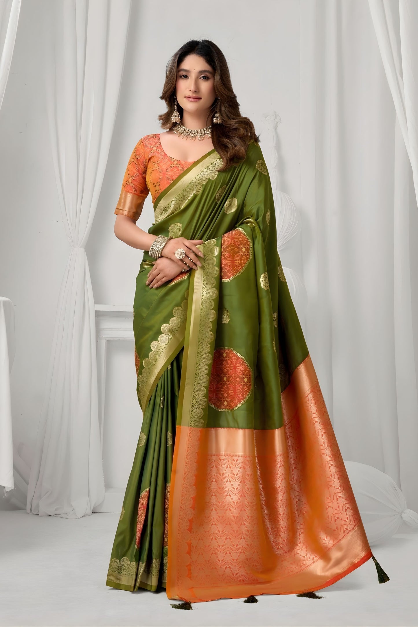 Green Kanjivaram Silk Saree Orange Zari Border Traditional Woven Design 