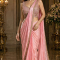 Pink Satin Silk Saree Heavy Mirror Embroidered Designer Blouse