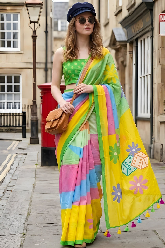 Trendy Multicolor Printed Saree Yellow Pallu Tassel Border Casual Wear Saree
