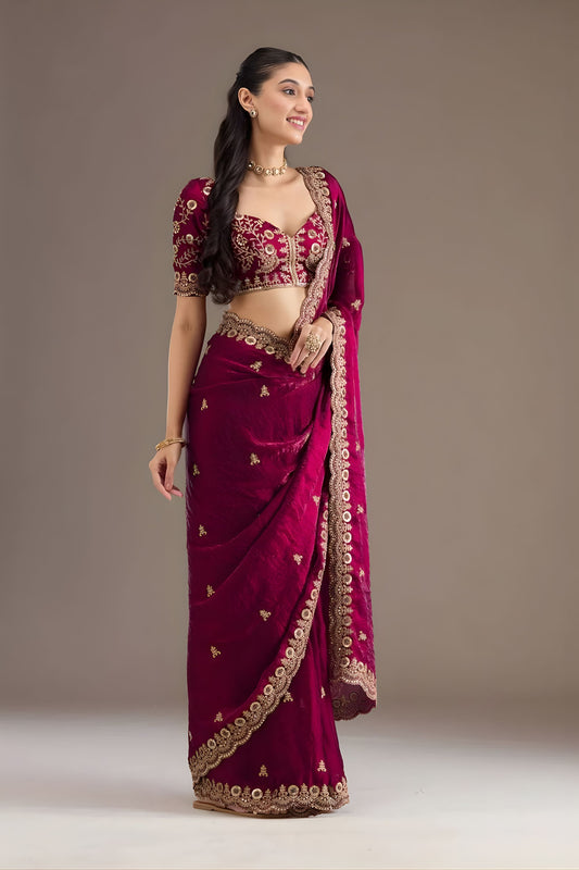 Wine Red Silk Saree with Heavy Zari Embroidery Border Designer Blouse