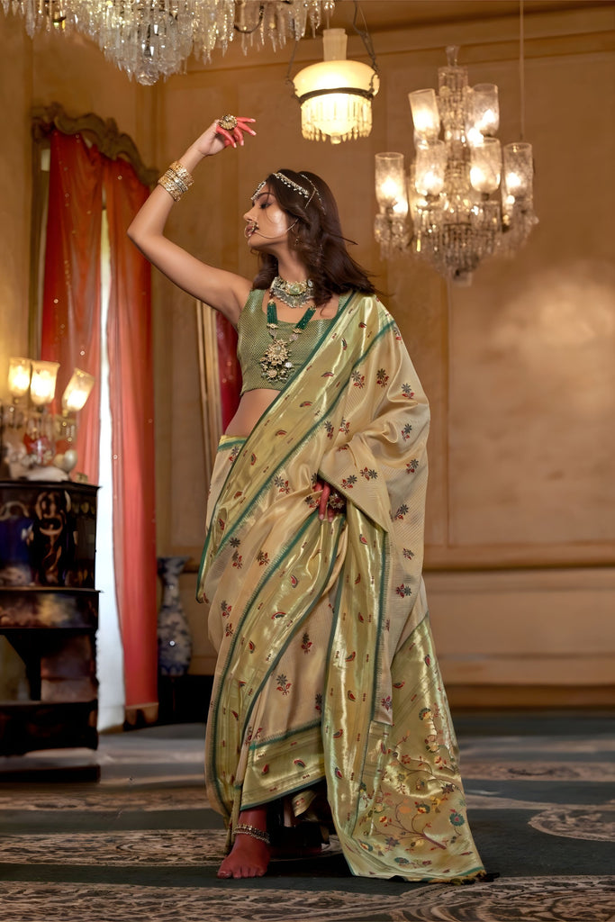 Light Gold Banarasi Silk Saree Green Border Floral Buti Weaving Saree 