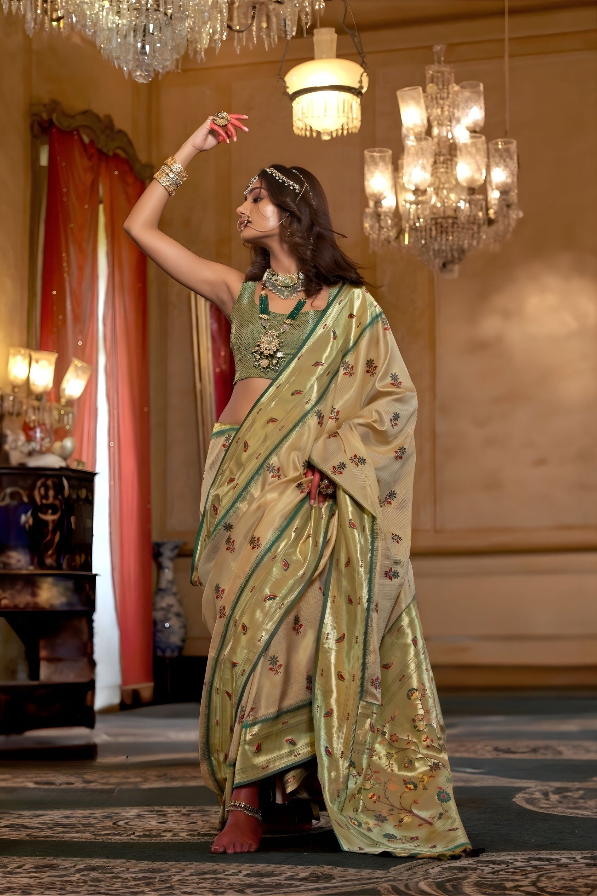 Light Gold Banarasi Silk Saree Green Border Floral Buti Weaving Saree 