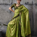 Olive Green Silk Saree with Golden Zari Border Traditional Saree 