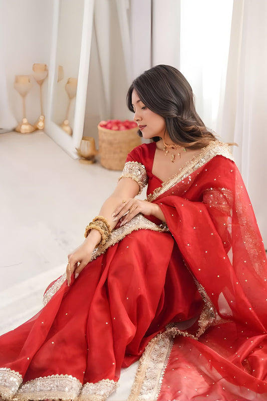 Designer Red Georgette Saree with Heavy Embroidery Sequin Work