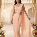 Peach Designer Saree Embroidered Blouse Party Wear Saree