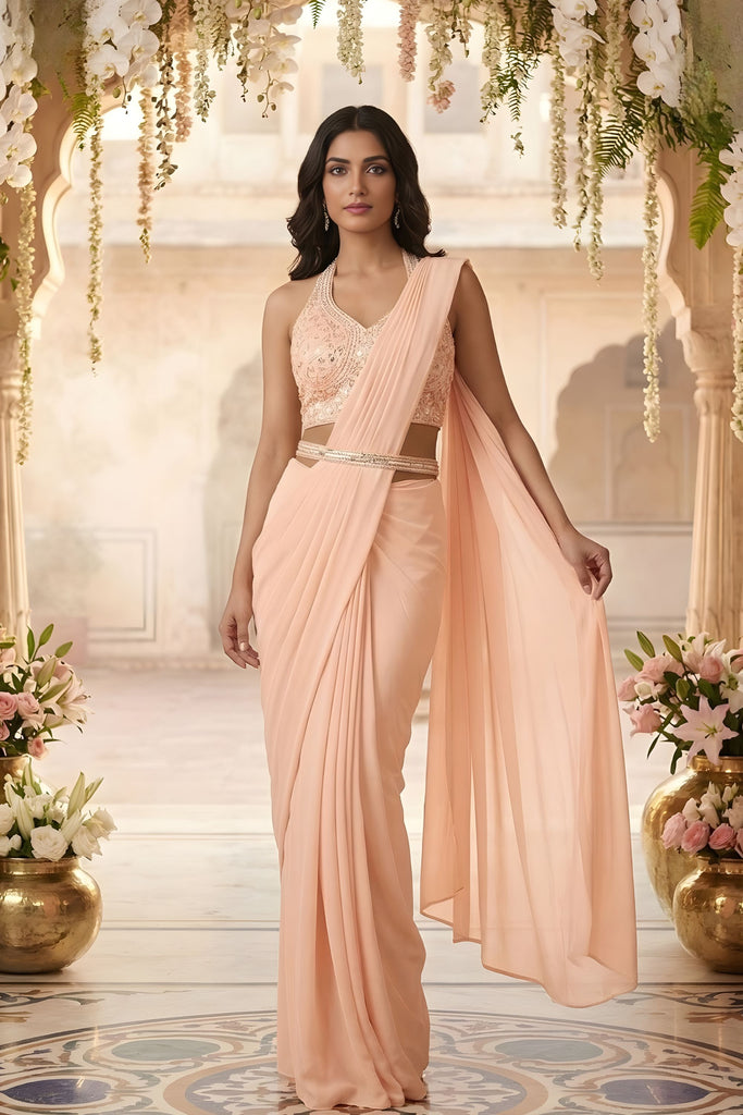 Peach Designer Saree Embroidered Blouse Party Wear Saree