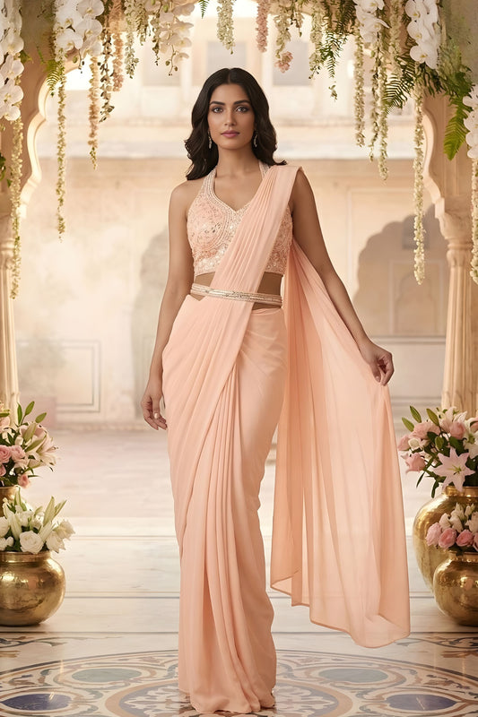 Peach Designer Saree Embroidered Blouse Party Wear Saree