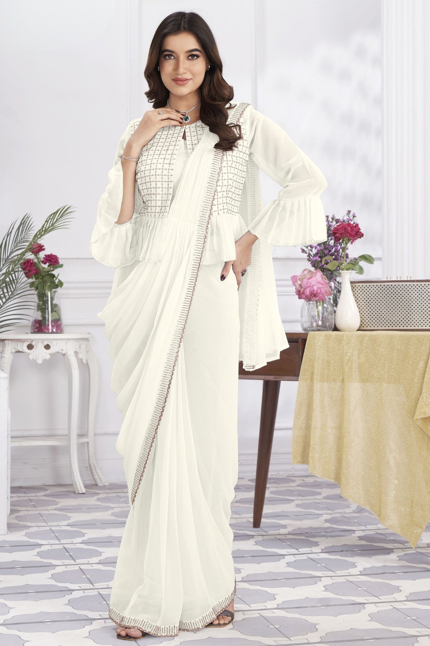 Off White Ready-to-Wear Saree Designer Pleated Pallu Embellished Blouse