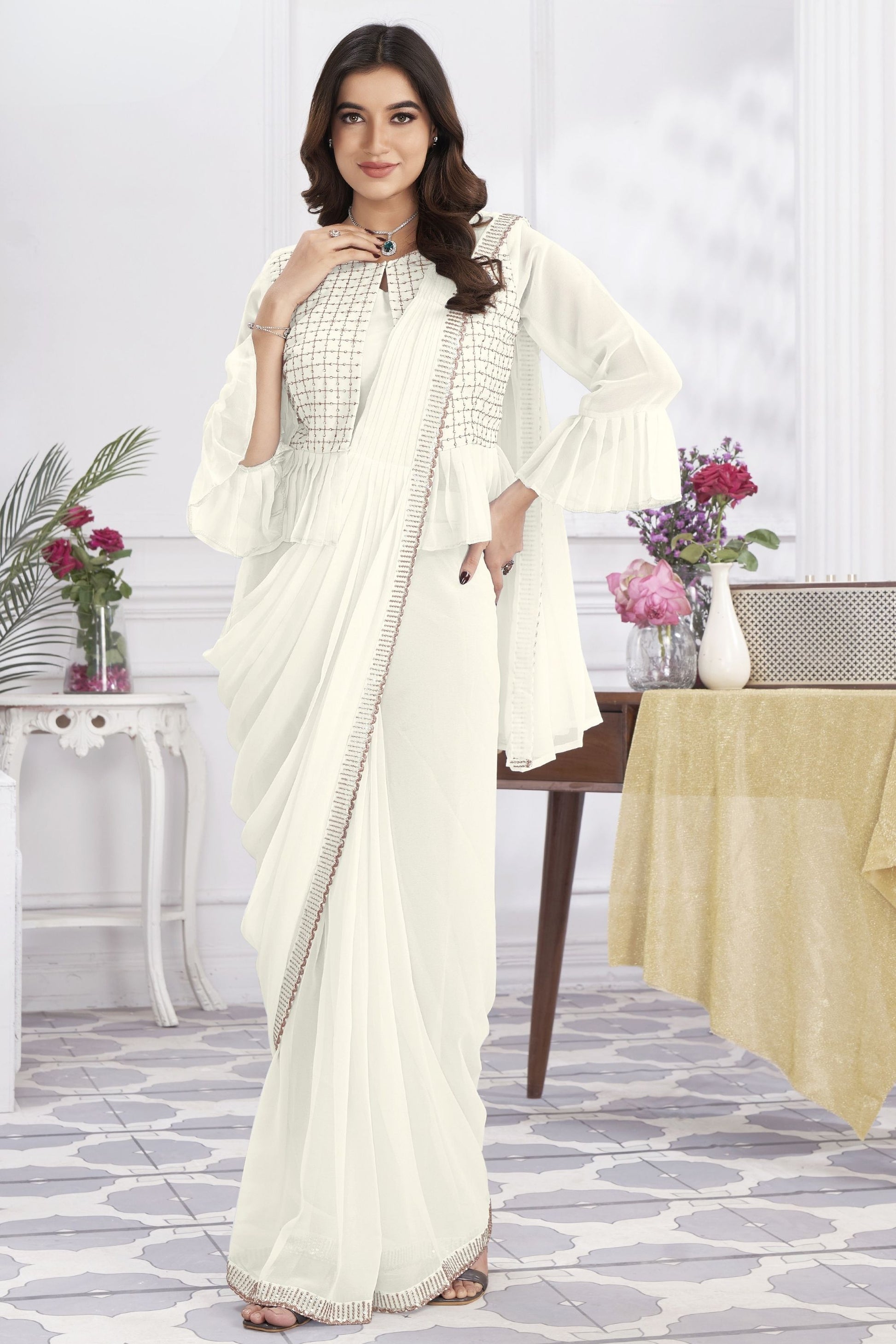 Off White Ready-to-Wear Saree Designer Pleated Pallu Embellished Blouse