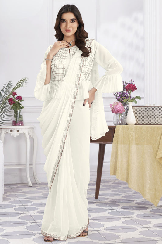 Off White Ready-to-Wear Saree Designer Pleated Pallu Embellished Blouse