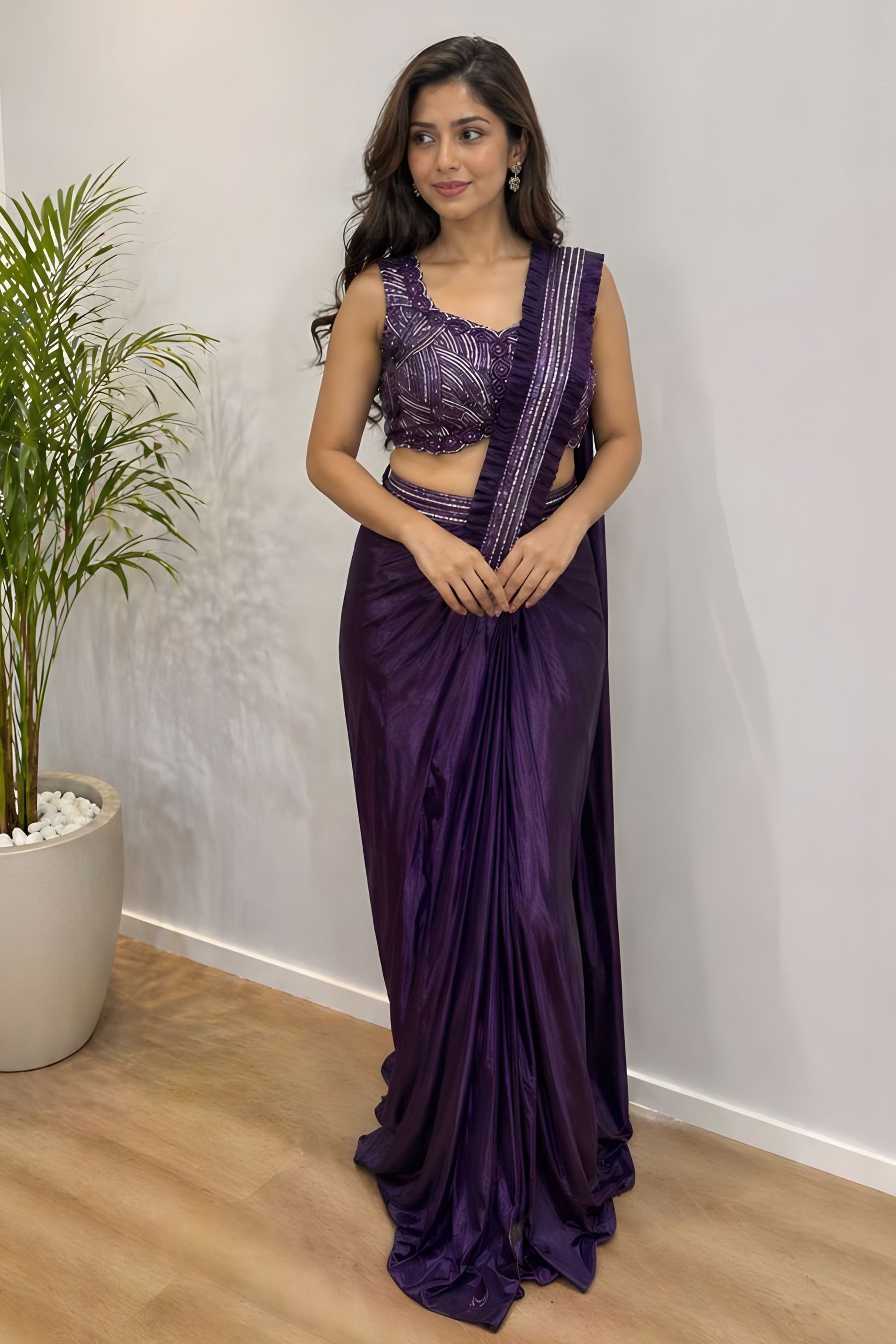 Luxury Purple Ready to Wear Satin Saree with Heavy Embroidered Blouse