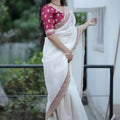 White Organza Saree Maroon Embroidered Border Designer Blouse