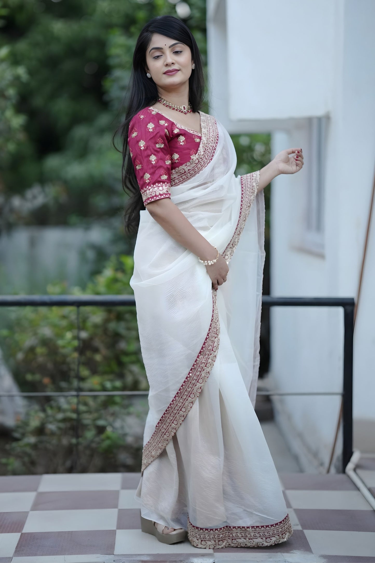 White Organza Saree Maroon Embroidered Border Designer Blouse