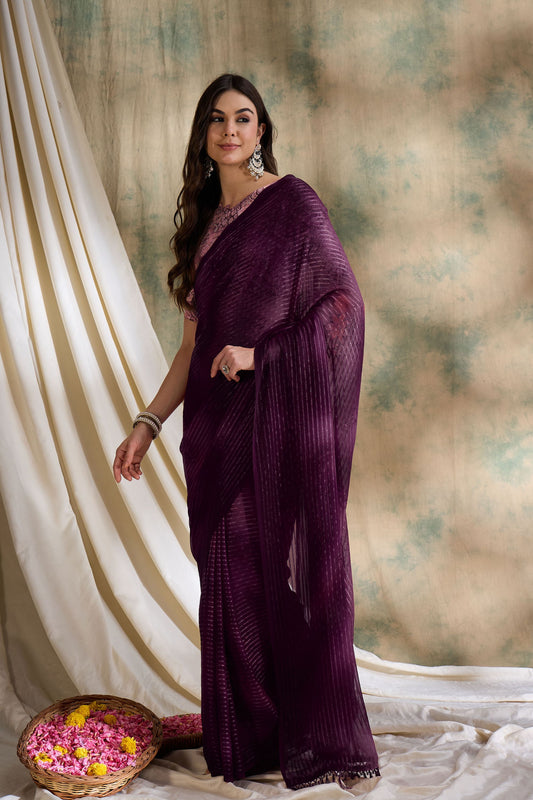 Plum Purple Organza Saree With Designer Blouse Festive Wear Saree
