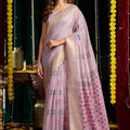 Elegant  Lavender Woven Linen Saree with Geometric Motifs Contrast Pallu