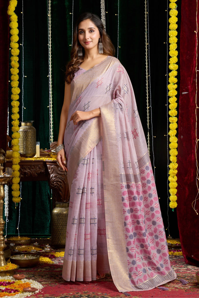 Elegant  Lavender Woven Linen Saree with Geometric Motifs Contrast Pallu