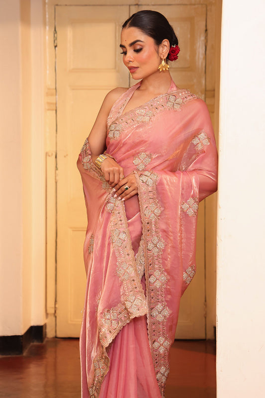 Pink Silk Saree with Heavy Designer Blouse Party Wear