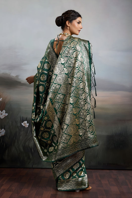 Bottle Green Banarasi Silk Saree Rich Gold Zari Weaving and Traditional Motifs