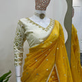 Mustard Yellow Sequins Embroidered Net Saree with Designer Border