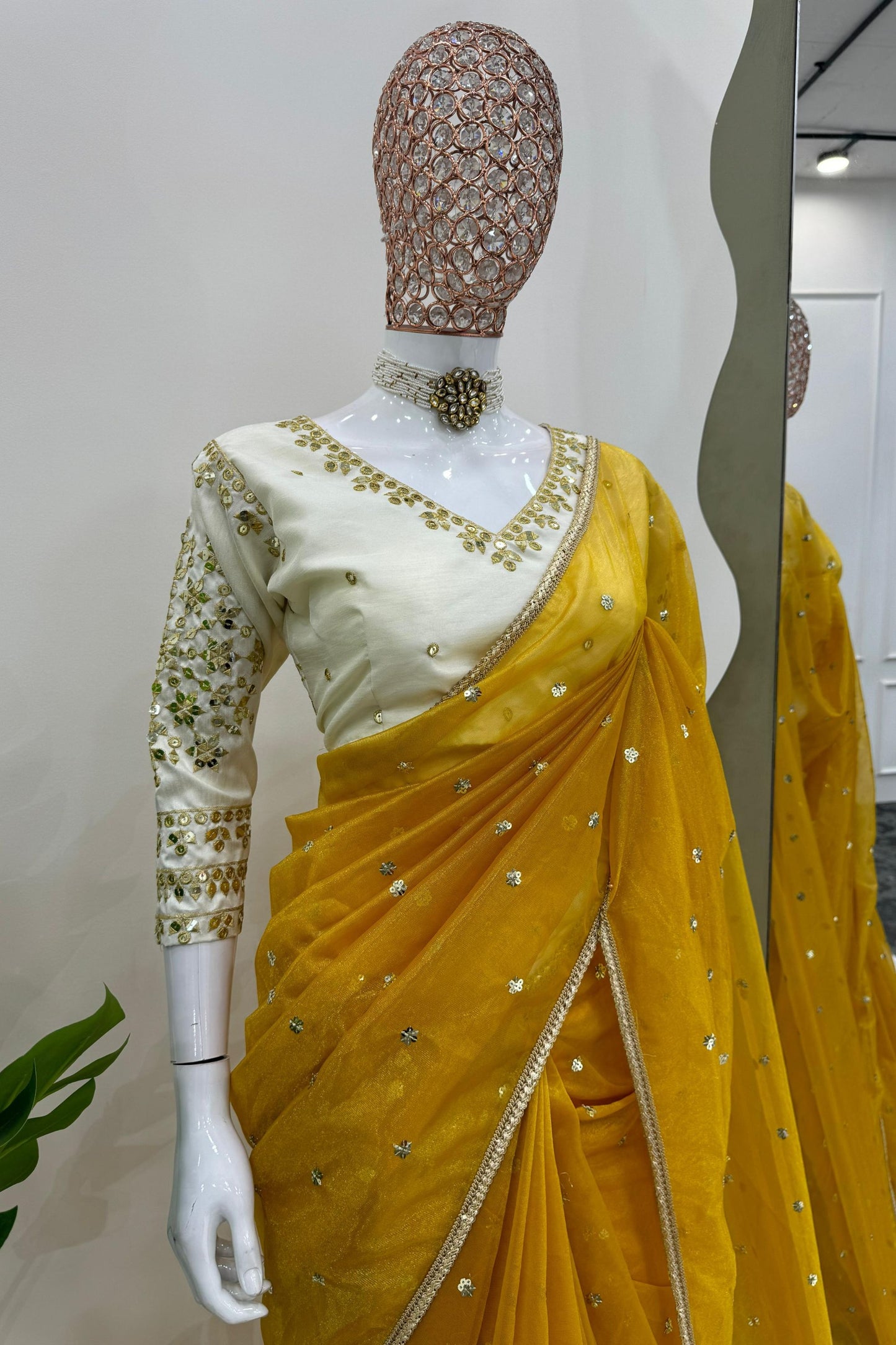 Mustard Yellow Sequins Embroidered Net Saree with Designer Border