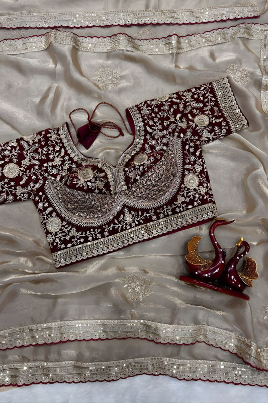 Beige Tissue Silk Saree with Delicate Embroidery and Designer Border
