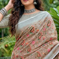 Beige Linen Cotton Saree with Floral Embroidery Woven Border