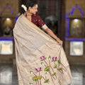 Beige Linen Silk Saree with Hand Painted Lotus Pallu Designer Blouse