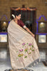Beige Linen Silk Saree with Hand Painted Lotus Pallu Designer Blouse